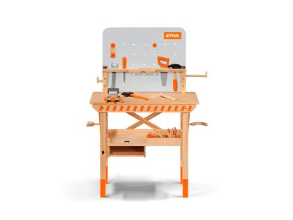Stihl børnearbejdsbænk i træ m. træ-legetøj 