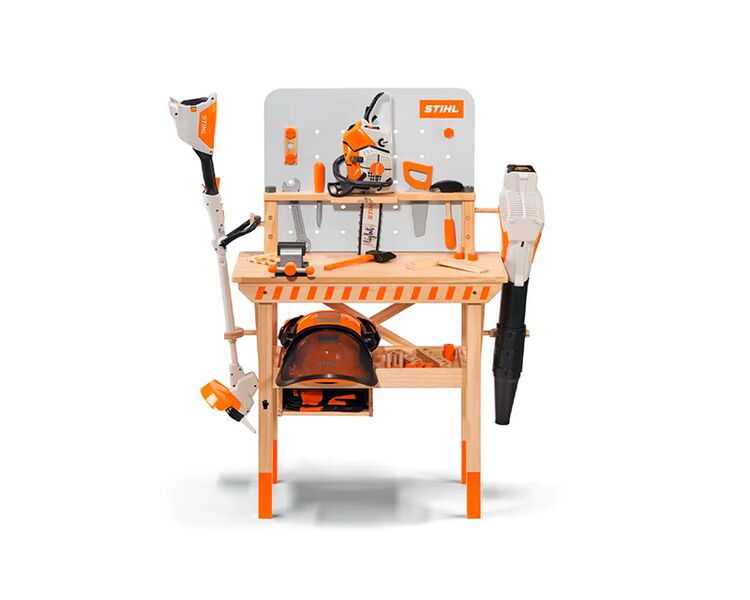 Stihl børnearbejdsbænk i træ m. træ-legetøj 