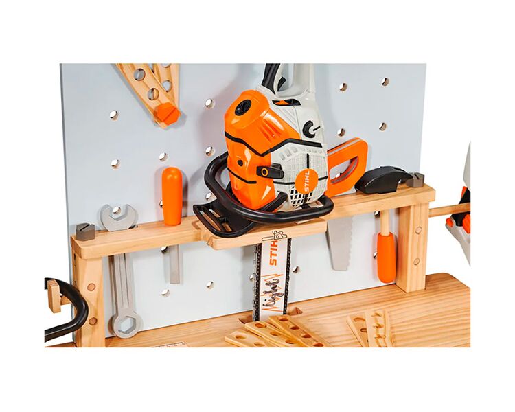 Stihl børnearbejdsbænk i træ m. træ-legetøj 