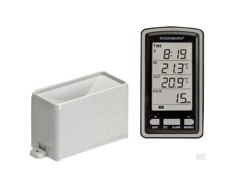 Trådløs regnmåler med temperaturføler.