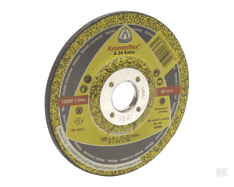 Slibeskive 125 x 6 x 22mm Kronenflex gul A24 extra klingspor. Velegnet til stål.