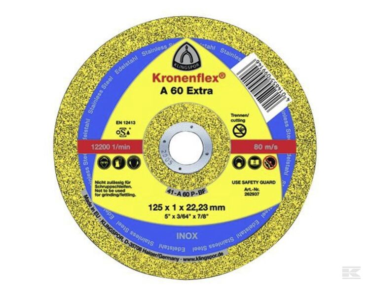 Skæreskive 125 x 1,0 x 22 mm lige A 60 Extra klingspor. Velegnet til stål og rustfrit stål.