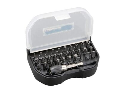 Professionelt 31-delt bitsæt med forskellige bits lavet af S2 stål. Inkl. Torx bits, Philips bits, Pozidriv bits, kærvede bits, 6-kantede bits og bitholder.
