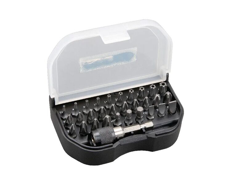 Professionelt 31-delt bitsæt med forskellige bits lavet af S2 stål. Inkl. Torx bits, Philips bits, Pozidriv bits, kærvede bits, 6-kantede bits og bitholder.