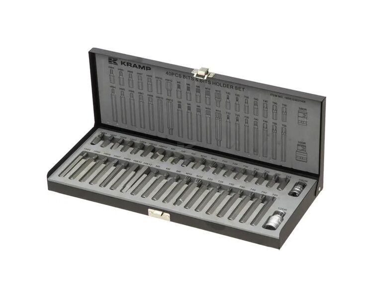 Professionelt 40-delt bitsæt med forskellige bits lavet af S2 stål. Bitssæt 40 stk. korte og lange bits. Kramp. Inkl holder. 3/8" + 1/2". I stærk metalkasse.