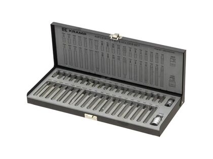 Professionelt 40-delt bitsæt med forskellige bits lavet af S2 stål. Bitssæt 40 stk. korte og lange bits. Kramp. Inkl holder. 3/8" + 1/2". I stærk metalkasse.