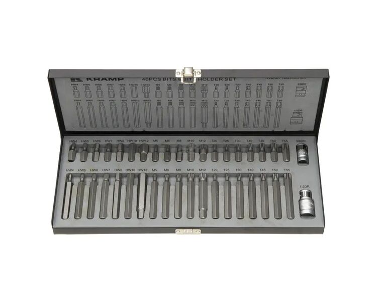 Professionelt 40-delt bitsæt med forskellige bits lavet af S2 stål. Bitssæt 40 stk. korte og lange bits. Kramp. Inkl holder. 3/8" + 1/2". I stærk metalkasse.