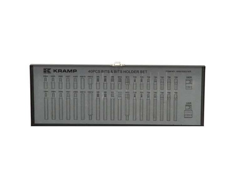 Professionelt 40-delt bitsæt med forskellige bits lavet af S2 stål. Bitssæt 40 stk. korte og lange bits. Kramp. Inkl holder. 3/8" + 1/2". I stærk metalkasse.