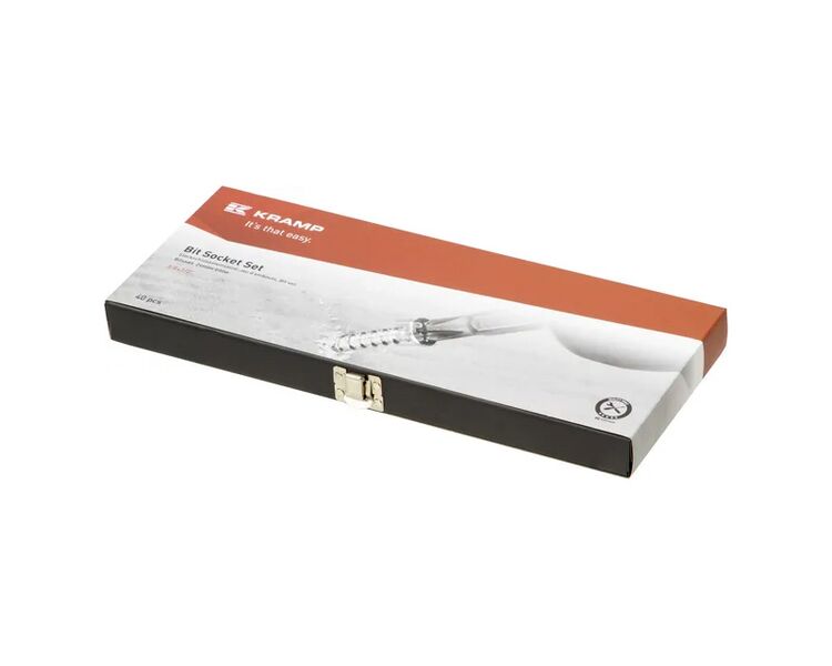 Professionelt 40-delt bitsæt med forskellige bits lavet af S2 stål. Bitssæt 40 stk. korte og lange bits. Kramp. Inkl holder. 3/8" + 1/2". I stærk metalkasse.