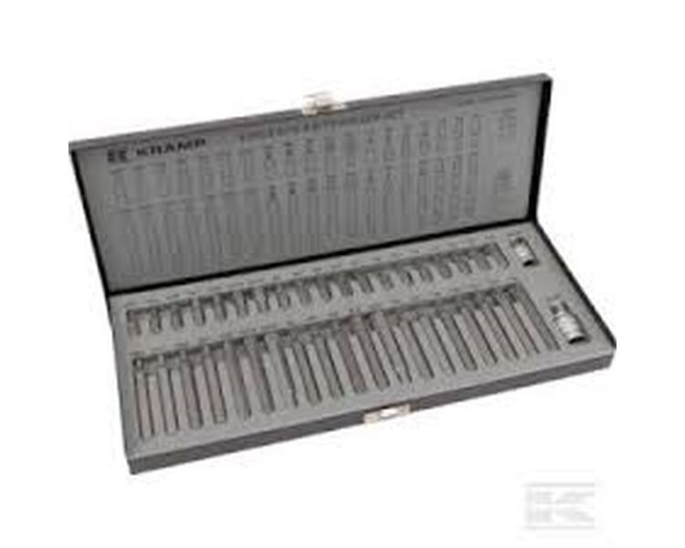 Professionelt 40-delt bitsæt med forskellige bits lavet af S2 stål. Bitssæt 40 stk. korte og lange bits. Kramp. Inkl holder. 3/8" + 1/2". I stærk metalkasse.