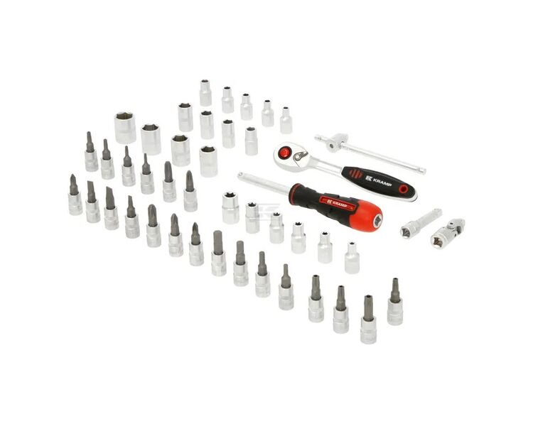 Professionelt 45-delt stiksæt, 1/4" drev med fintandet omvendelig skralde og flere stik af krom-vanadium-stål. I praktisk, stærk og holdbar metalkasse.