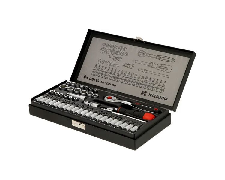 Professionelt 45-delt stiksæt, 1/4" drev med fintandet omvendelig skralde og flere stik af krom-vanadium-stål. I praktisk, stærk og holdbar metalkasse.
