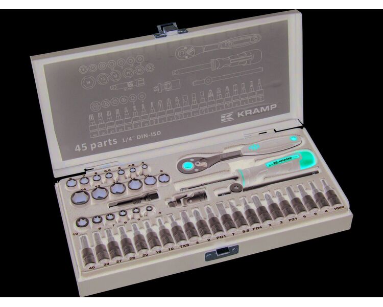 Professionelt 45-delt stiksæt, 1/4" drev med fintandet omvendelig skralde og flere stik af krom-vanadium-stål. I praktisk, stærk og holdbar metalkasse.